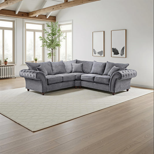 Verona Charcoal Plush Corner Sofa UK – Luxury Chesterfield Style Scatterback Corner Sofa for Modern Living Rooms