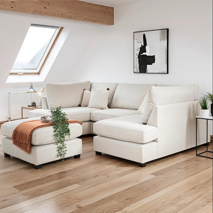 Aspen Cream U Shape Corner Sofa UK – Luxury Fabric Family Sofa with Footstool for Modern Living Rooms