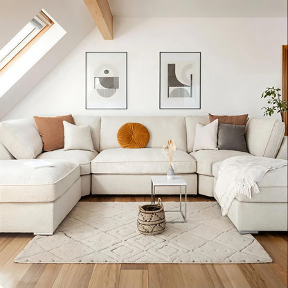 Inga Beige U-Shape Corner Sofa – Modern Fabric Family Sofa for Living Room
