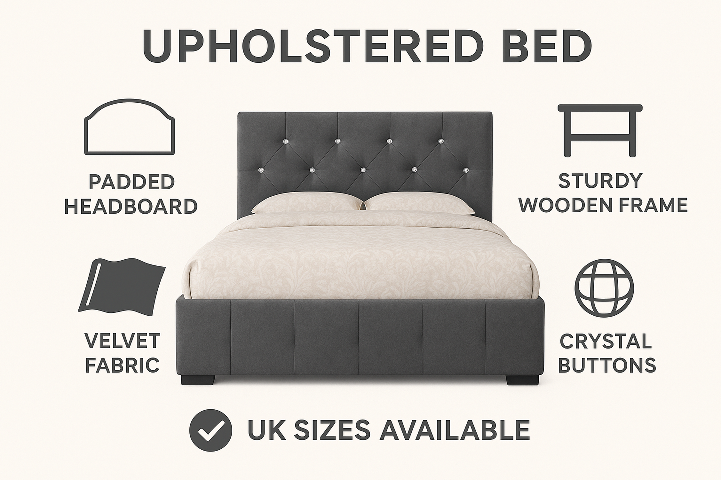 Luxury Upholstered Velvet Bed with Diamond Button Detailing