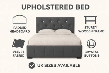 Luxury Upholstered Velvet Bed with Diamond Button Detailing