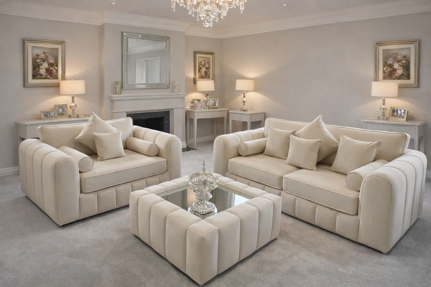 Lilly 3 +2 seater sofa with coffee table in Cream