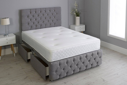 Luxury Grey Divan Bed with Storage Drawers & Crystal-Tufted Headboard – Available in All UK Sizes with Mattress Options