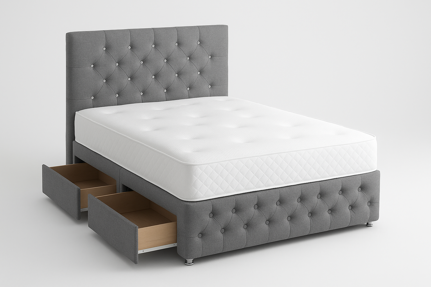 Luxury Grey Divan Bed with Storage Drawers & Crystal-Tufted Headboard – Available in All UK Sizes with Mattress Options