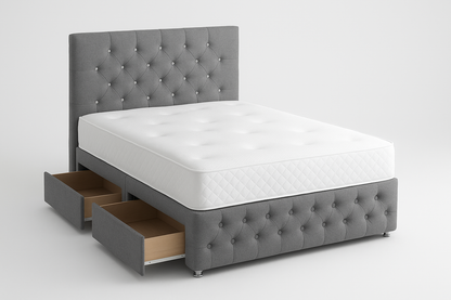 Luxury Grey Divan Bed with Storage Drawers & Crystal-Tufted Headboard – Available in All UK Sizes with Mattress Options