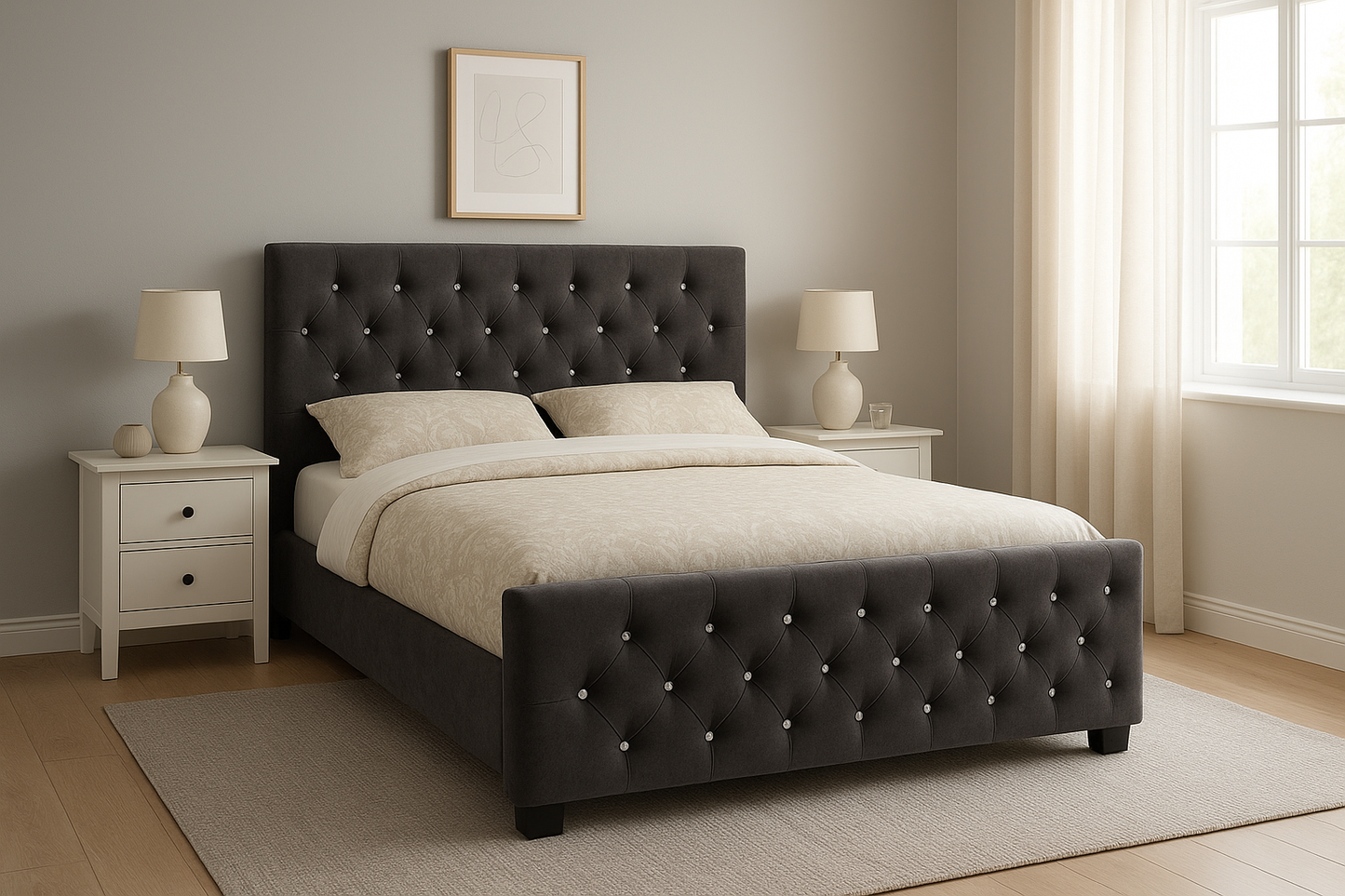 Luxury Upholstered Velvet Bed with Diamond Button Detailing