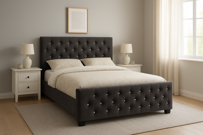 Luxury Upholstered Velvet Bed with Diamond Button Detailing