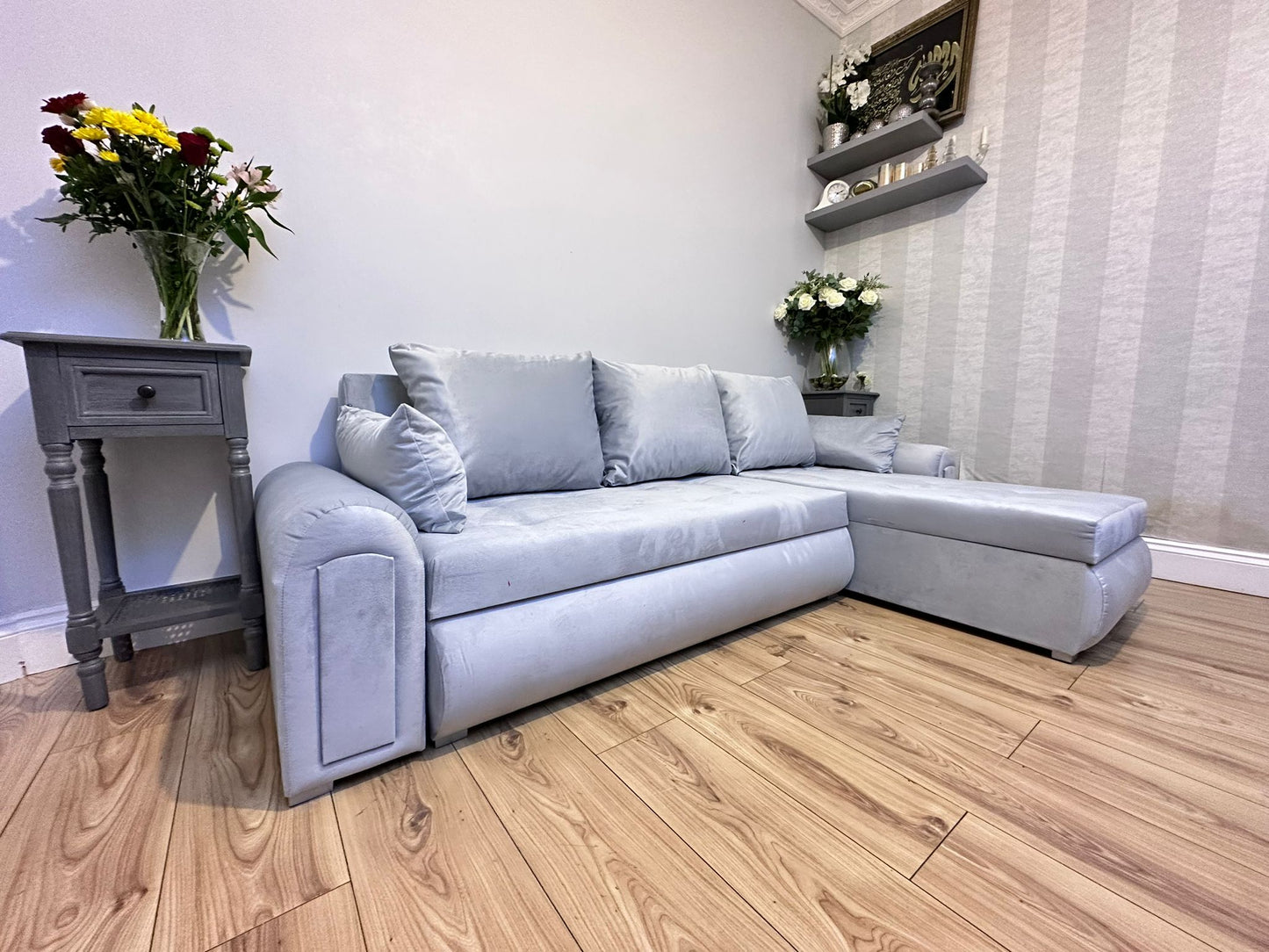 Berlin Universal Corner Sofa Bed with Storage – Silver – Left or Right Facing – Modern Convertible Sofa Bed UK