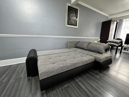 Berlin Universal Corner Sofa Bed with Storage – Grey Black – Left or Right Facing – Modern Convertible Sofa Bed UK