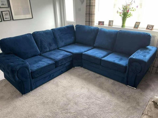 Vegas Chesterfield Fullback Blue Plush Velvet 5 Seater Corner Sofa