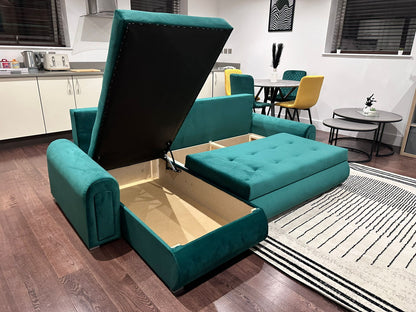 Berlin Universal Corner Sofa Bed with Storage – Teal – Left or Right Facing – Modern Convertible Sofa Bed UK
